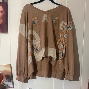 POL Tan Graphic Sweatshirt with Floral Accents